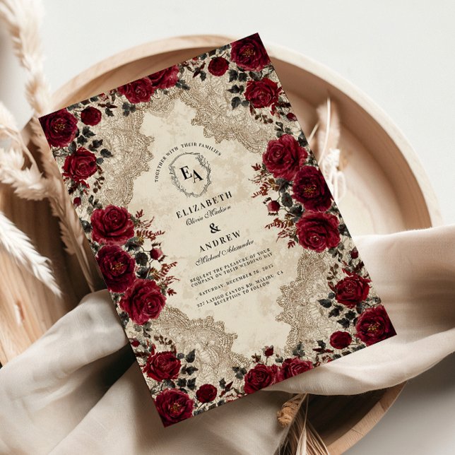 Gothic Crimson Lace Rose Wedding Invitation (Creator Uploaded)