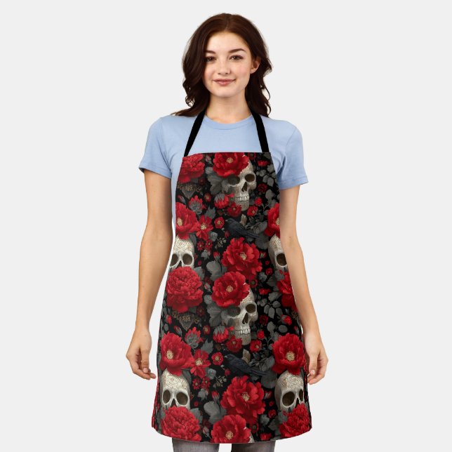 Gothic Crow and Skull Floral Seamless Pattern Apron (Worn)