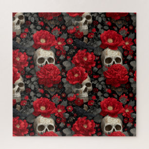 Gothic Crow and Skull Floral Seamless Pattern Jigsaw Puzzle