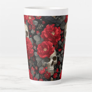 Gothic Crow and Skull Floral Seamless Pattern Latte Mug