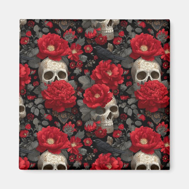 Gothic Crow and Skull Floral Seamless Pattern Magnet (Front)