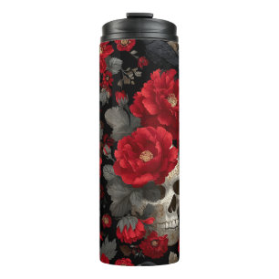 Gothic Crow and Skull Floral Seamless Pattern Thermal Tumbler