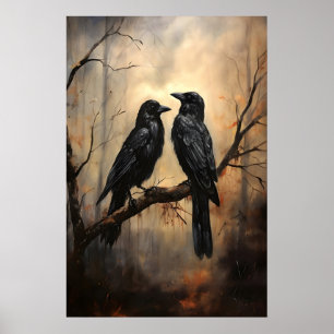 Gothic Crow Art Print, Dark Forest, Raven Oil Poster
