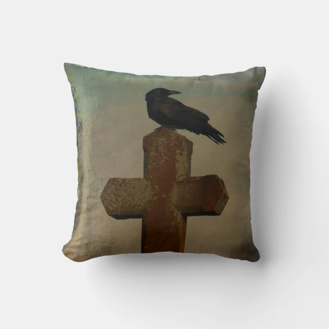Gothic Crow On Vintage Cross Throw Pillow (Front)
