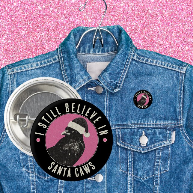Gothic Crow Santa Caws Pink and Black Holiday 3 Cm Round Badge (This trendy pink and black gothic button pin features a Santa Caws sure to make them smile.)