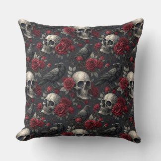 Gothic Crow Skull Print Dark Rose Raven Skull Cushion