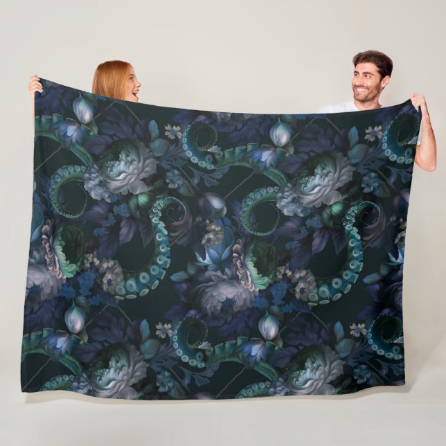 Gothic Cthulhu Turquoise Tentacle With Flowers Fleece Blanket (In Situ)