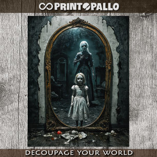 Gothic cursed doll coming out from a mirror  tissue paper