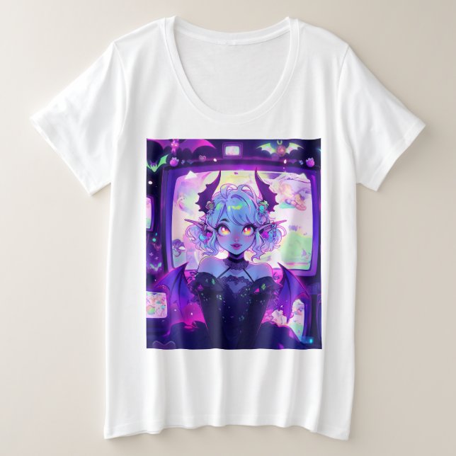 Gothic Cyberpunk Demon Fantasy Anime Girl Plus Size T-Shirt (Design Front)