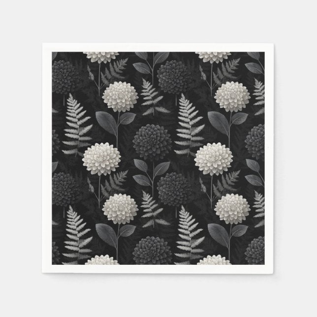 Gothic Dahlia and Fern Seamless Woodcut Pattern Napkin (Front)
