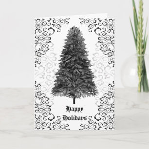 Gothic Damask Black Christmas Tree Holiday Card