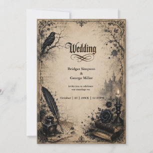 Gothic Dark Academia Raven Book Wedding  Invitation