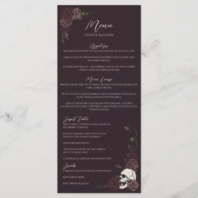Gothic Dark Burgundy Floral Wedding Menu (Front)