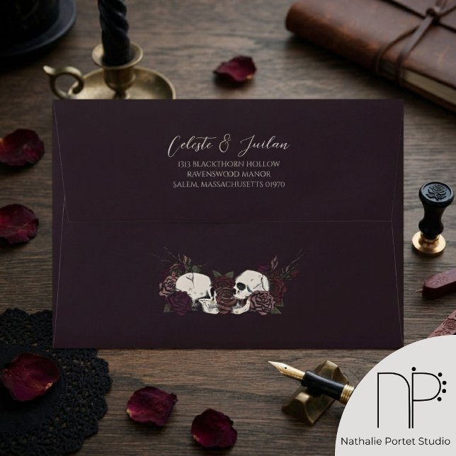 Gothic Dark Burgundy Skulls and Roses Envelope (Moody dark plum gothic envelope with hand-drawn skulls and mauve roses for alternative wedding)