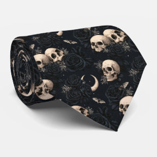 Gothic Dark Floral Skull and Black Roses Pattern Tie