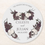Gothic Dark Floral Til Death Wedding Round Paper Coaster<br><div class="desc">Thes Gothic Dark Floral Til Death Wedding Round Paper Coaster features hand-drawn skulls in black ink with detailed cross-hatching,  accented by burgundy and mauve florals on a very light gray background. Personalize with your heading,  names,  and date. Perfect for gothic,  Halloween,  dark romantic,  and alternative wedding celebrations.</div>