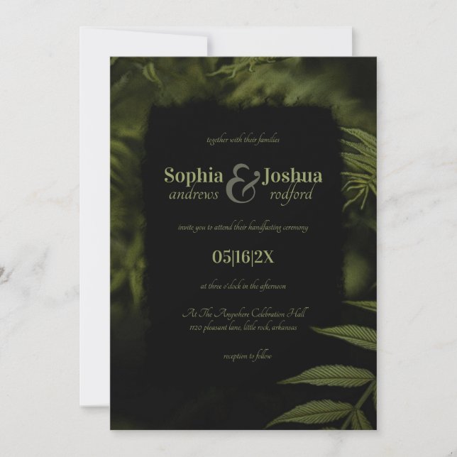 Gothic Dark Green Leaves Black Wedding Handfasting Invitation (Front)