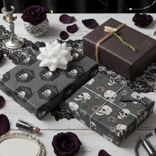 Gothic Dark Grey Skulls and Stripes Halloween Wrapping Paper Sheet