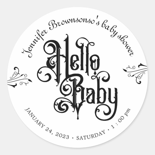 Gothic Dark Hello Baby Shower Classic Round Sticker (Front)