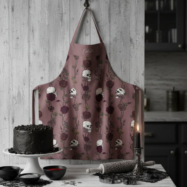 Gothic Dark Mauve Floral Skulls Apron (Gothic Mauve Pink Dark Floral Skulls and Roses Pattern for Goth Mom or For Her)