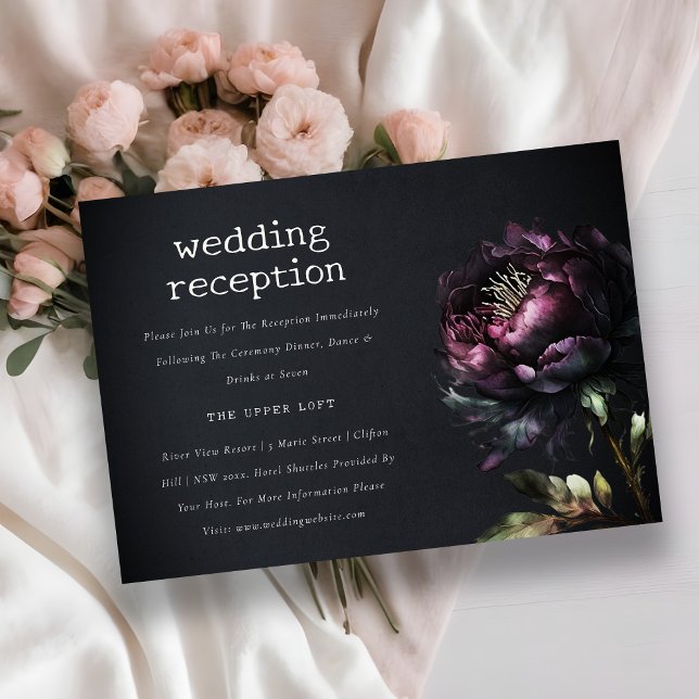 Gothic Dark Purple Black Peony Wedding Reception Enclosure Card (Creator Uploaded)