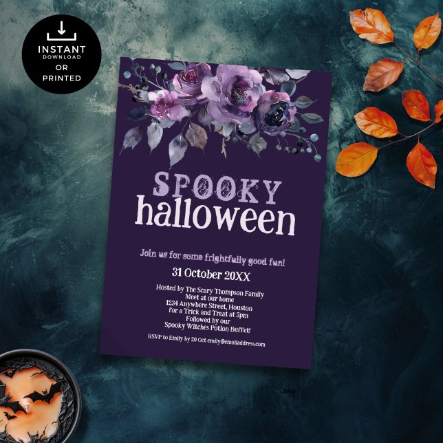 Gothic Dark Purple Florals Spooky Halloween Invitation (Creator Uploaded)