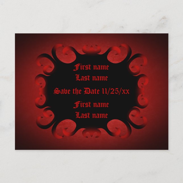 Gothic dark red and black swirls Save the Date Postcard (Front)