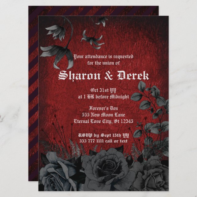 Gothic Dark Red Black Roses Wedding Invitation (Front/Back)
