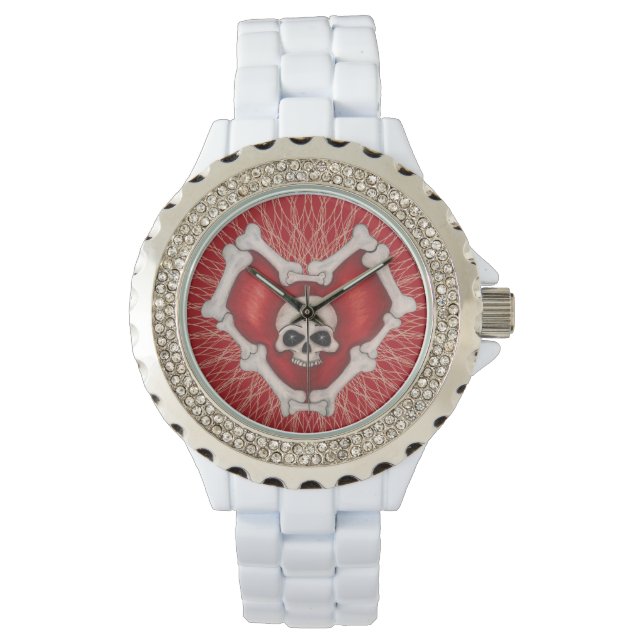 Gothic Dark Red Heart With Bones Skull Spiral Line Watch (Front)