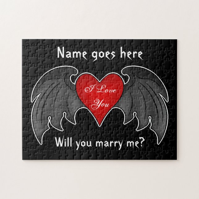 Gothic dark red winged heart marriage proposal jigsaw puzzle (Horizontal)
