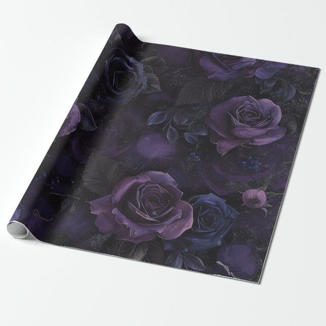 Gothic Dark Romance Purple Roses Wrapping Paper (Unrolled)