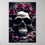 Gothic Dark Rose & Skull Poster<br><div class="desc">A dark and gothic painting of a human skull surrounded by pale gothic roses and petals,  featuring a creepy desaturated gothic atmosphere and otherworldly atmosphere,  this gothic poster is perfect for lovers of dark gothic skulls and dark romantic gothic flowers and roses.</div>