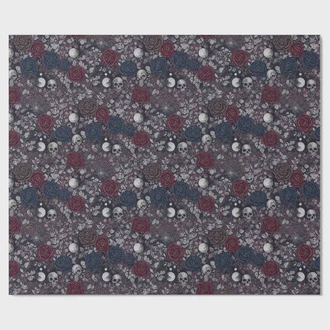 Gothic Dark Roses Skulls Full Moon Pattern Wrapping Paper (Flat)