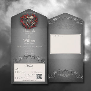 Gothic Dark Skeletons & Rose Heart QR Code All In One Invitation