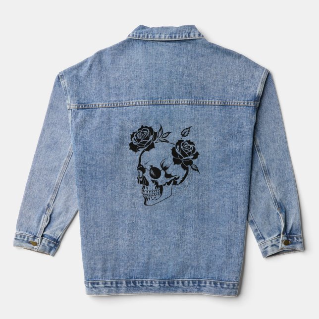 gothic dark skull roses tattoo denim jacket (Back)
