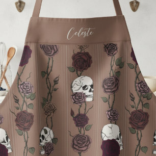 Gothic Dark Tan Brown Floral Skulls Apron
