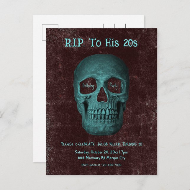 Gothic Dark Teal Brown Skull RIP To His 20s Invitation Postcard (Front/Back)
