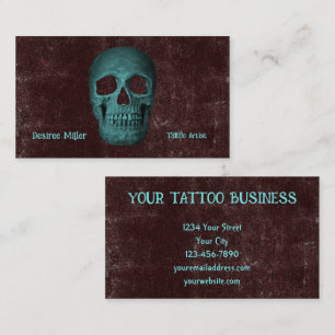 Gothic Dark Teal Brown Skull Tattoo Shop Business Card