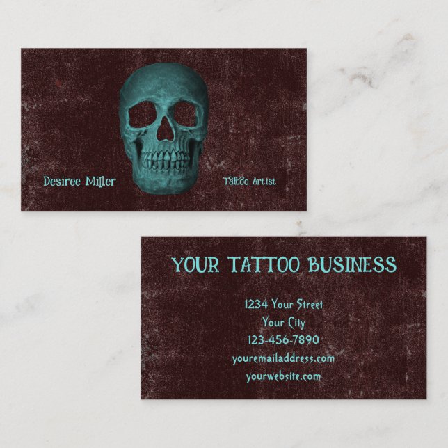 Gothic Dark Teal Brown Skull Tattoo Shop Business Card (Front/Back)