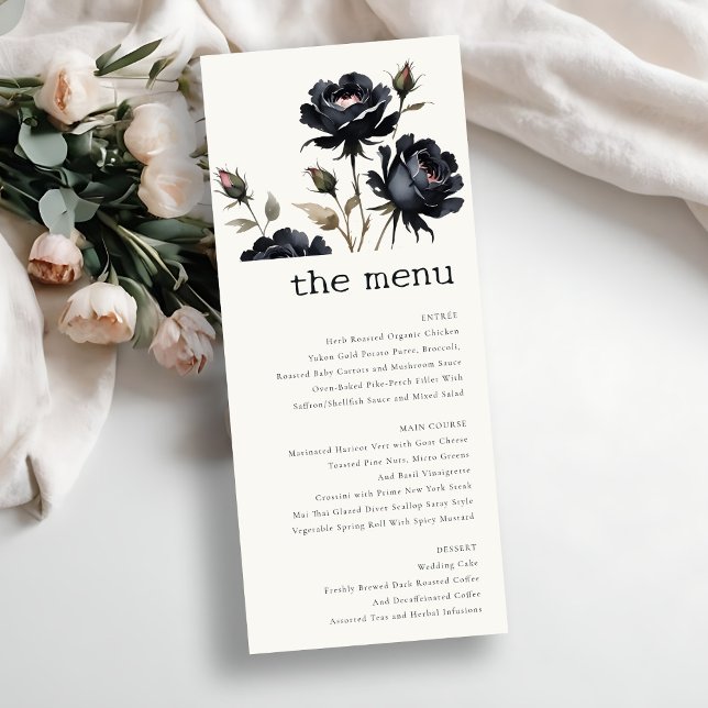 Gothic Dark Watercolor Black Rose Wedding Menu  Invitation (Creator Uploaded)