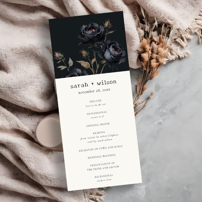 Gothic Dark Watercolor Black Rose Wedding Program Invitation (Creator Uploaded)