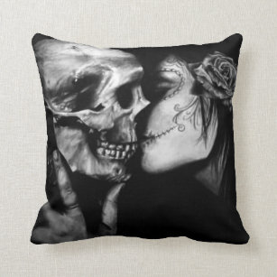 Gothic Day of Dead Black and White Skull And Woman Cushion