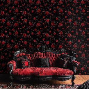 Gothic  Deep Red Roses on Black Background Wallpaper