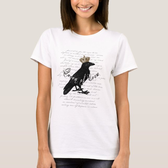 Gothic Design "Queen of Crow" Typography Collage T-Shirt (Front)