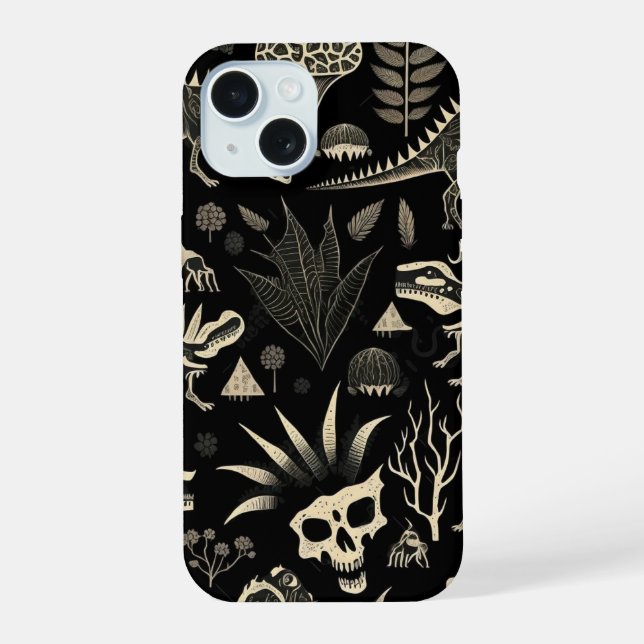 Gothic Dinosaur Skeleton Engraving Pattern  iPhone 15 Case (Back)