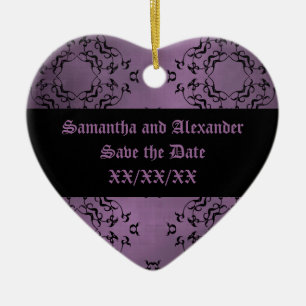 Gothic dirty purple damask casual Save the Date Ceramic Tree Decoration