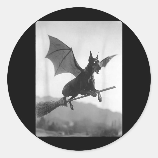 Gothic Doberman Witch Broom Bat Wings Spooky Classic Round Sticker (Front)
