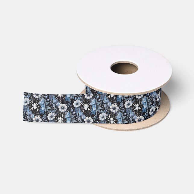 Gothic Dusty Blue Floral Spider Web Handfasting Satin Ribbon (Spool)
