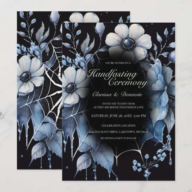 Gothic Dusty Blue Spider Floral Web Handfasting Invitation (Front/Back)