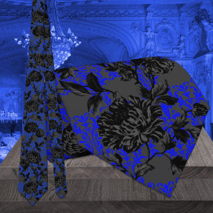 Gothic Electric Blue Damask Black Floral Wedding Tie